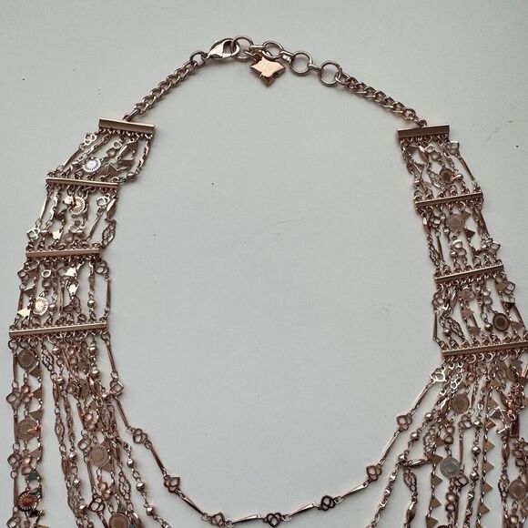 BCBG Maxazria Necklace Boho Layered Multi Strand Drape Bib Runway Rose Gold NEW - Picture 2 of 4